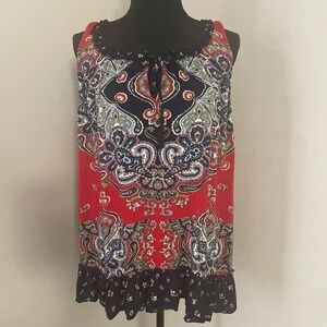 BILA Women's Sz XXL Top Bohemian Festival Paisley Sleeveless Ruffles Tassel Ties